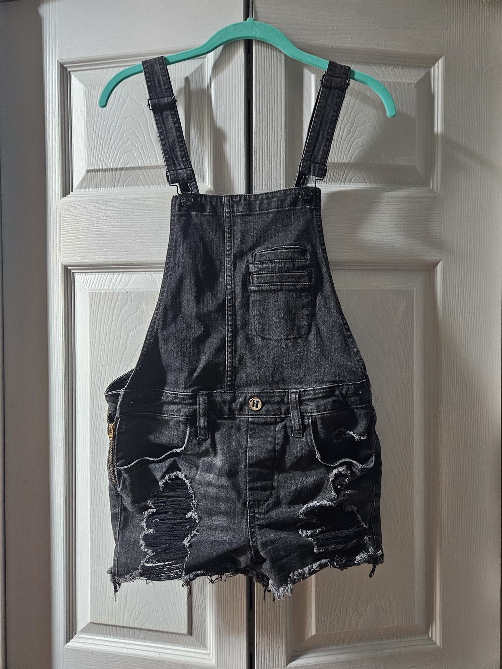 Express Black Distressed Denim Short Overalls